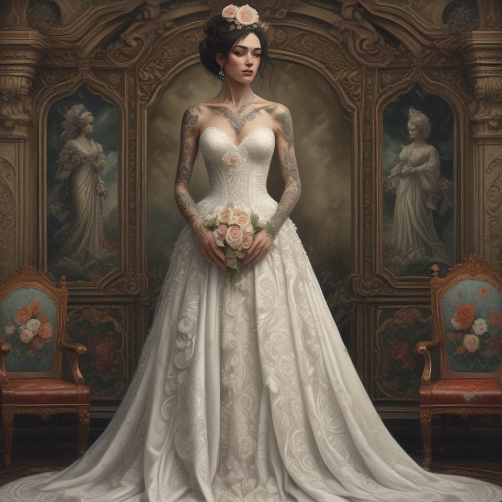 Ornate Tattoo Bridal Art Print with White and Cream Accents